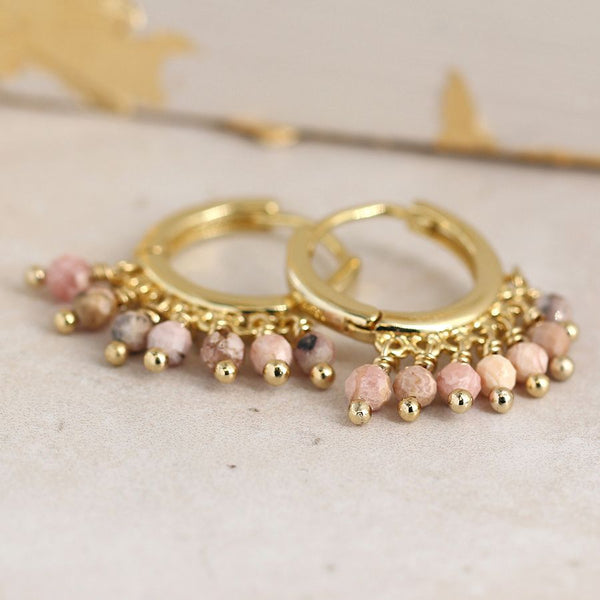 Gold plated hoop earrings with Rhodonite beads