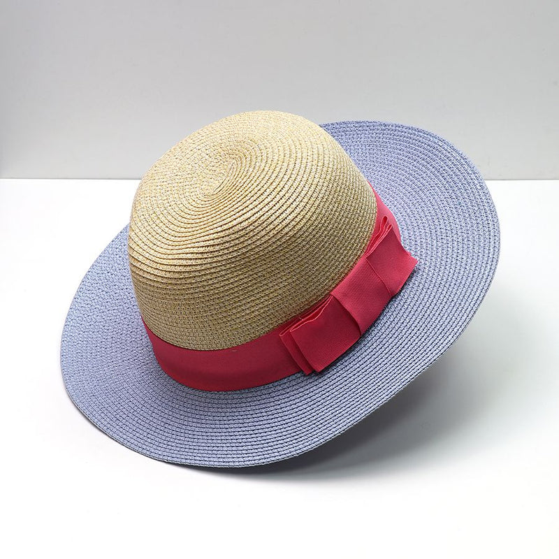 Natural and blue summer fedora with coral trim