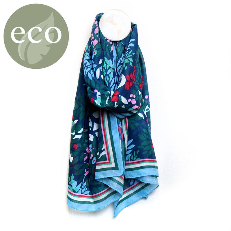 Recycled blue, teal and rasberry leaf print scarf