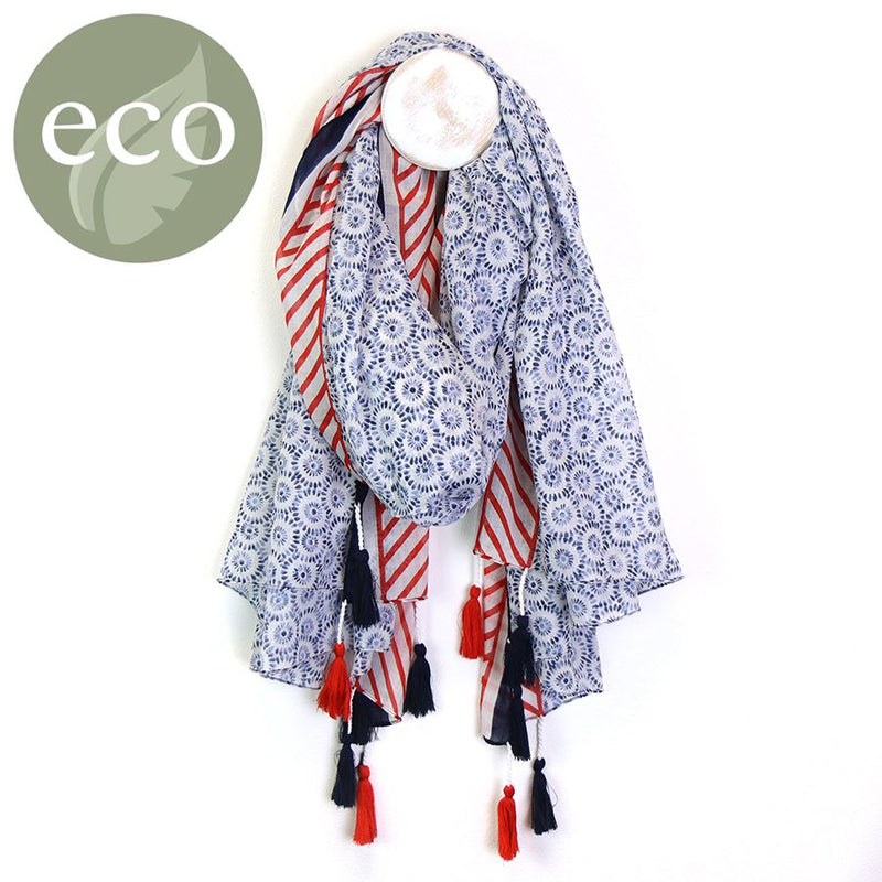 White cotton scarf with dotty blue circle and red stripe print