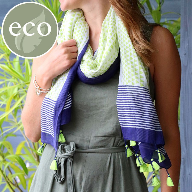 Lime and navy cotton scarf with triangle stripe print
