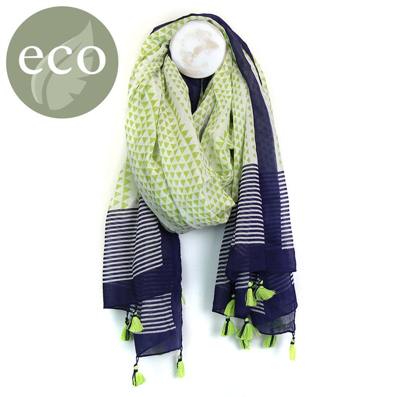 Lime and navy cotton scarf with triangle stripe print