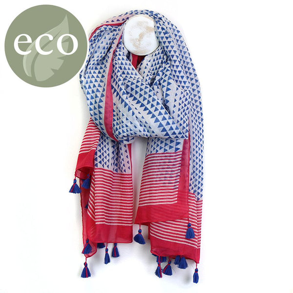 Blue and pink cotton scarf with triangle stripe print