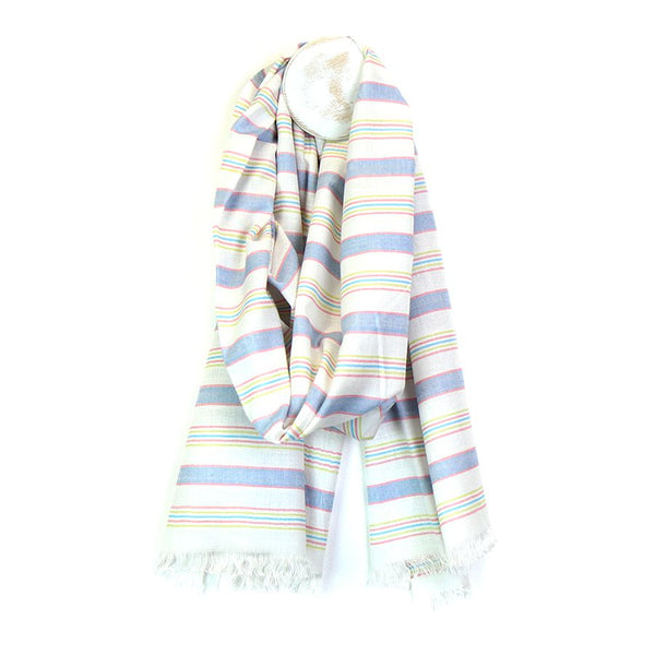 White viscose scarf with blue and pastel stripes