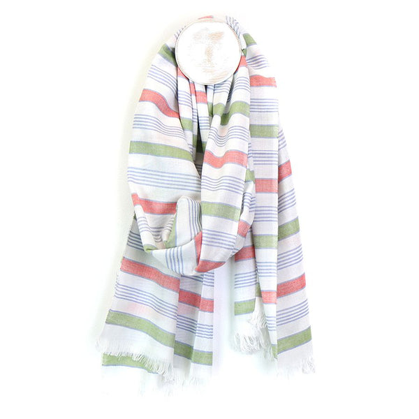 White viscose scarf with sage, pink and blue stripes