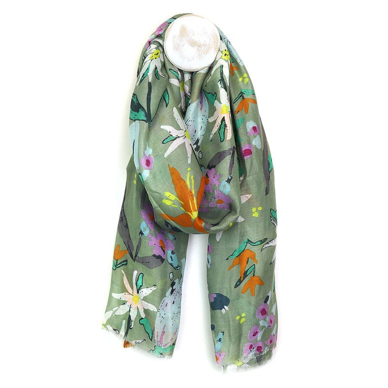 Sage green painted flower print scarf