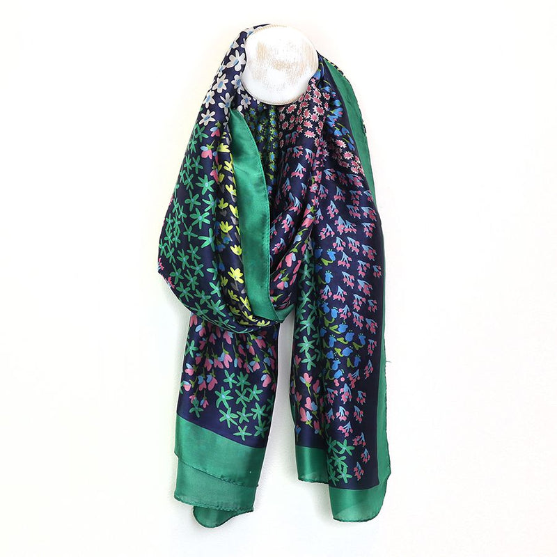 Navy and green mix silky cascading flower scarf