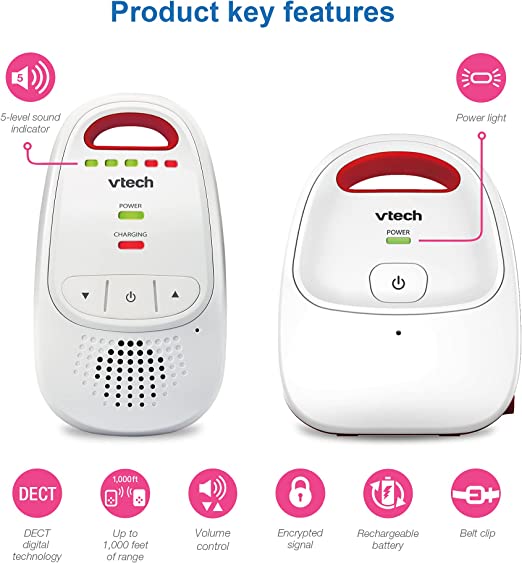 VTech Baby BM1000 Digital Audio Baby Monitor, White/Red